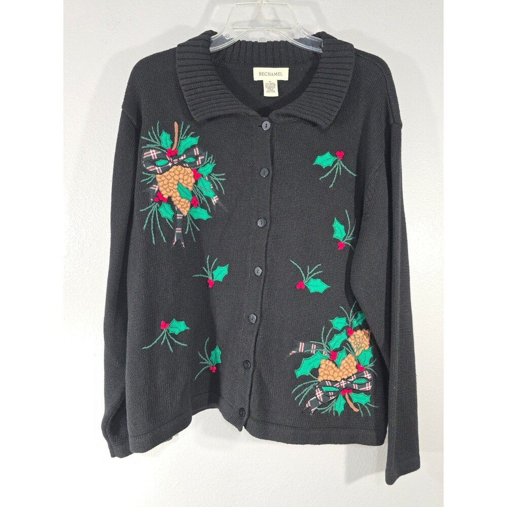 VTG Bechamel Christmas Cardigan Size XL Sweater Black Pine Cone Grandmacore AM